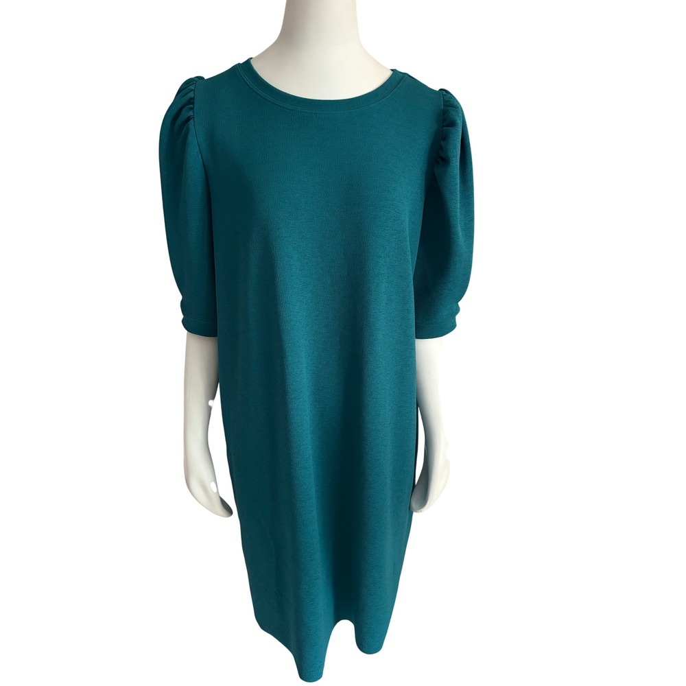 Zara Teal Textured Puff Sleeve Mini Dress Round Neck Shift NWT Size L